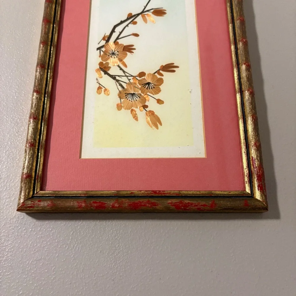 Framed Artwork Chinese Wheat Straw Cherry Blossom Branch Print Coral‎ Mat Gold